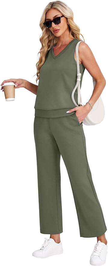 WIHOLL Two Piece Set for Women Summer Outfits Vacation Trendy Lounge Sets V Neck Matching Sets