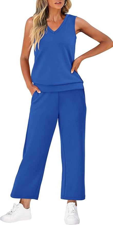 WIHOLL Two Piece Set for Women Summer Outfits Vacation Trendy Lounge Sets V Neck Matching Sets