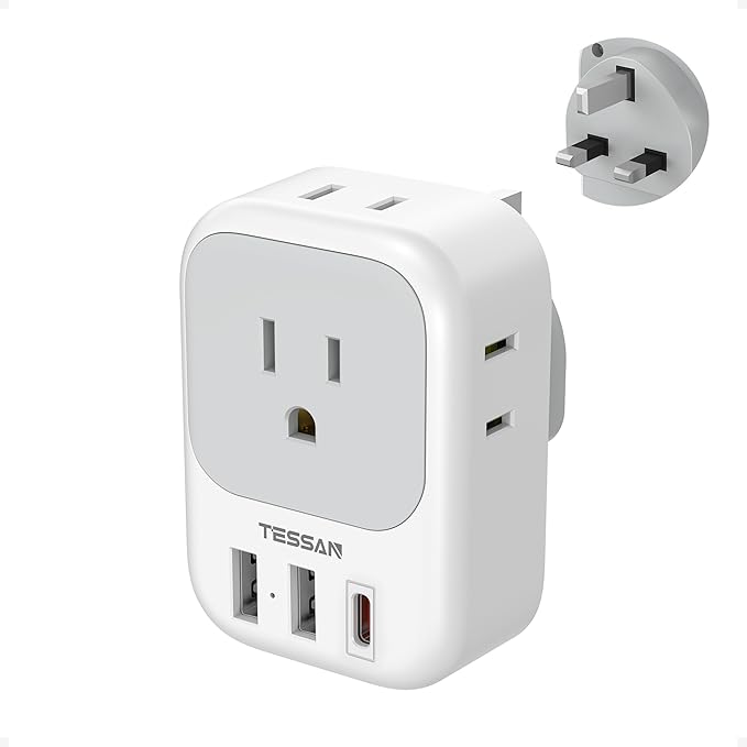 US to UK Plug Adapter, TESSAN Type G Travel Converter with 3 USB Charger(1 USB C Port), 4 Outlets Power Adaptor for USA to Qatar Ireland Hong Kong England Scotland Kenya Dubai London British
