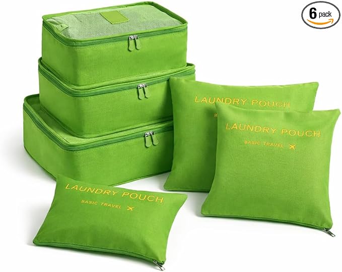 6 Set Travel Packing Cubes for Luggage – Laundry Pouch Organizer Bags, Lightweight Storage Pouches for Clothes, Shoes, and Toiletries (green)