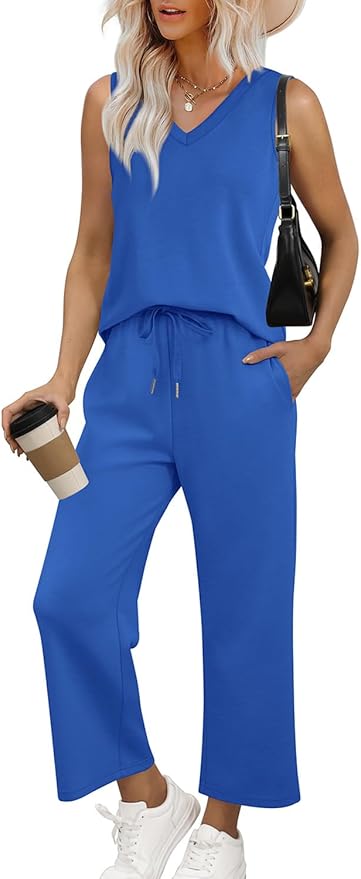 WIHOLL Two Piece Set for Women Summer Outfits Vacation Trendy Lounge Sets V Neck Matching Sets