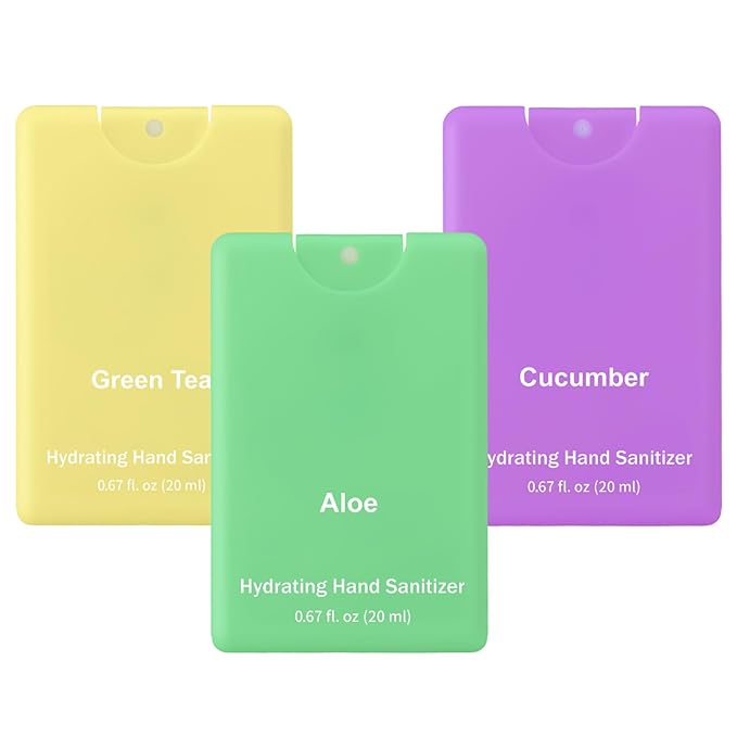 Set of 3 Power Mist Hydrating Hand Sanitizer Spray Bulk Travel Size Refreshing Hand Sanitizer 0.67 Fl. oz Compact Card Spray Bottle Aloe Green Tea Cucumber Scent for Adult Backpack Purse Pocket