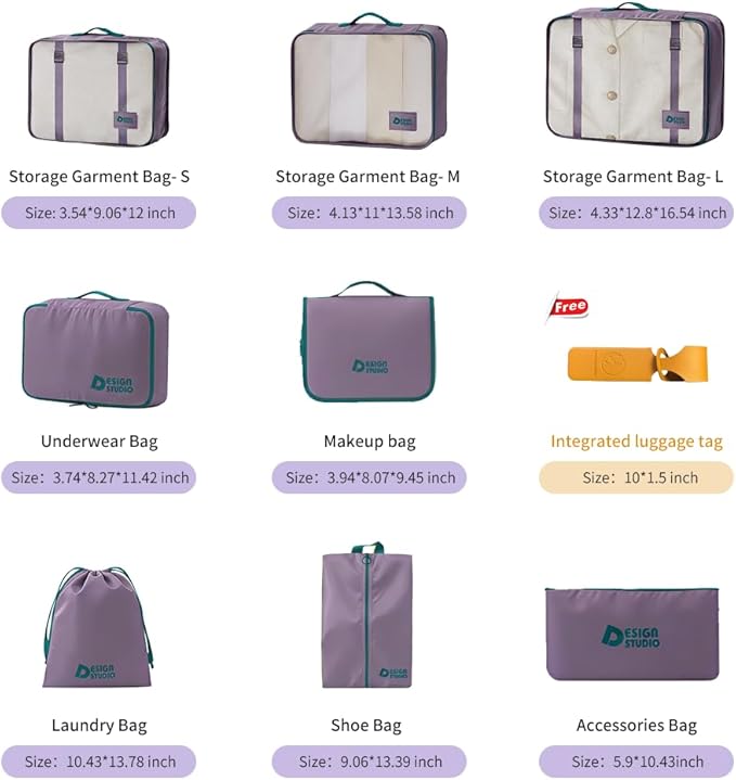 8-Piece Expandable Packing Cubes Set with Hanging Toiletry Bag, Lightweight Compression Travel Organizers for Carry-On Suitcase(Purple)