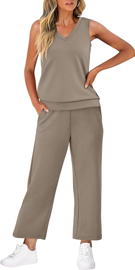 WIHOLL Two Piece Set for Women Summer Outfits Vacation Trendy Lounge Sets V Neck Matching Sets