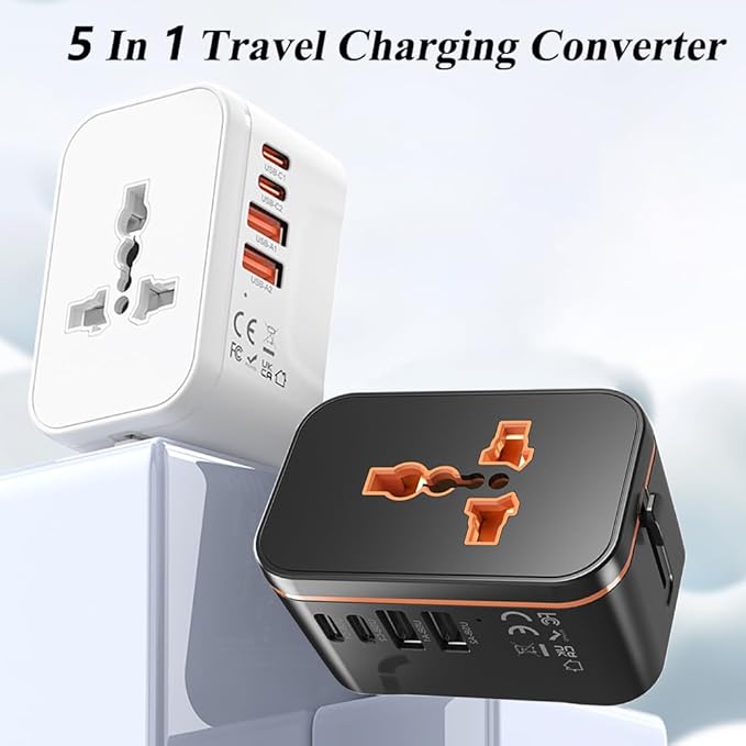 Universal Travel Power Adapter, 20W PD Fast Charging Adapter, International Travel Plug Converter with 2 USB A&C Ports, All-in-One Plug Converter for EU/UK/USA/AU, Ideal for Traveler, Business
