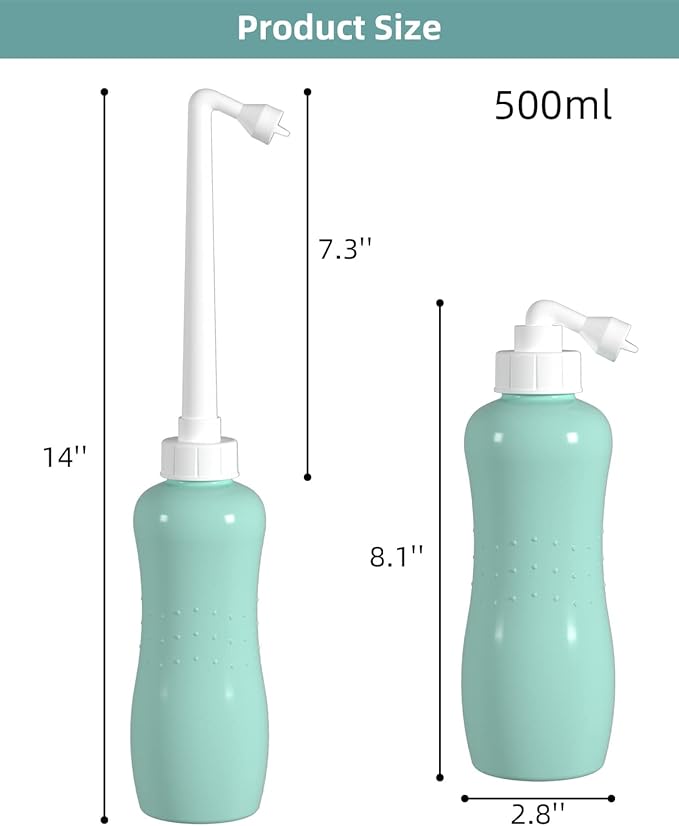 Hibbent 2 Pack 500ml Portable Bidet Sprayer for Women or Men, Handheld Travel Bidet for Personal Hygiene, Jet Spray Bottle for Toilet & Bathroom, Peri Bottle for Postpartum Care, Travel Bag, Green