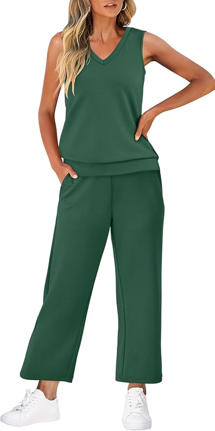 WIHOLL Two Piece Set for Women Summer Outfits Vacation Trendy Lounge Sets V Neck Matching Sets