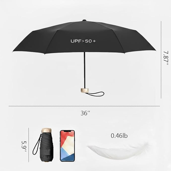 Windproof Mini Travel Folding Umbrella, UPF 50+ Sun & Rain Protection, Compact Lightweight, Eco-Friendly Fabric Wallet Umbrella Fits in Pocket Purse Backpack for Men Women Kids