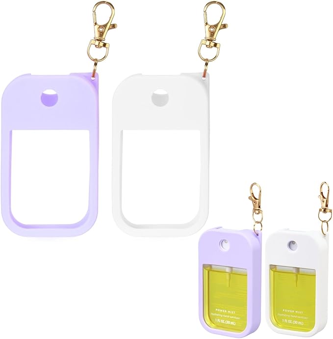 2 Pack Hand Sanitizer Spray Case Compatible with Touchland Power Mist 1 oz – Silicone Case with Keychain for Touch Land Mist 1 fl oz（30 ml）, Hand Sanitizer Accessory for 1 fl oz (White+Purple)