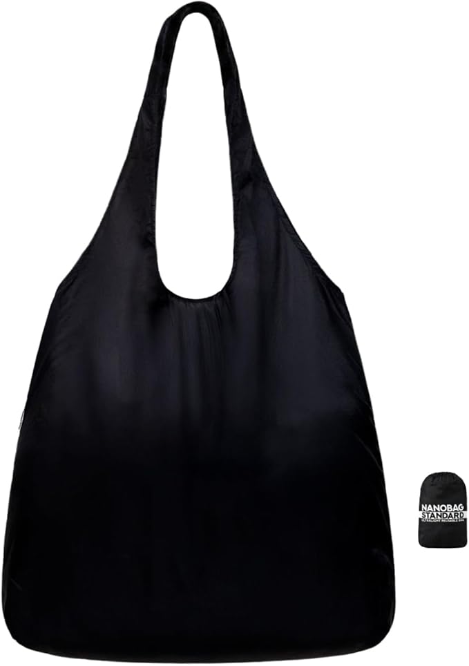 Nanobag Ultralight Foldable Tote for Women & Men, Reusable Grocery & Travel Bag, Packable Collapsible Compact Market Essential (Standard Black)