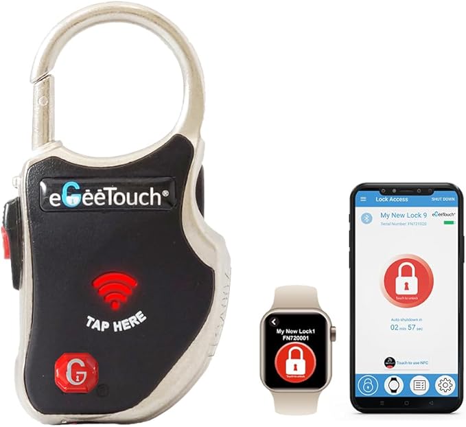 eGeeTouch Smart Travel Padlock with Patented Dual Access Technologies (NFC + BT), Vicinity Tracking, etc. (BLACK)