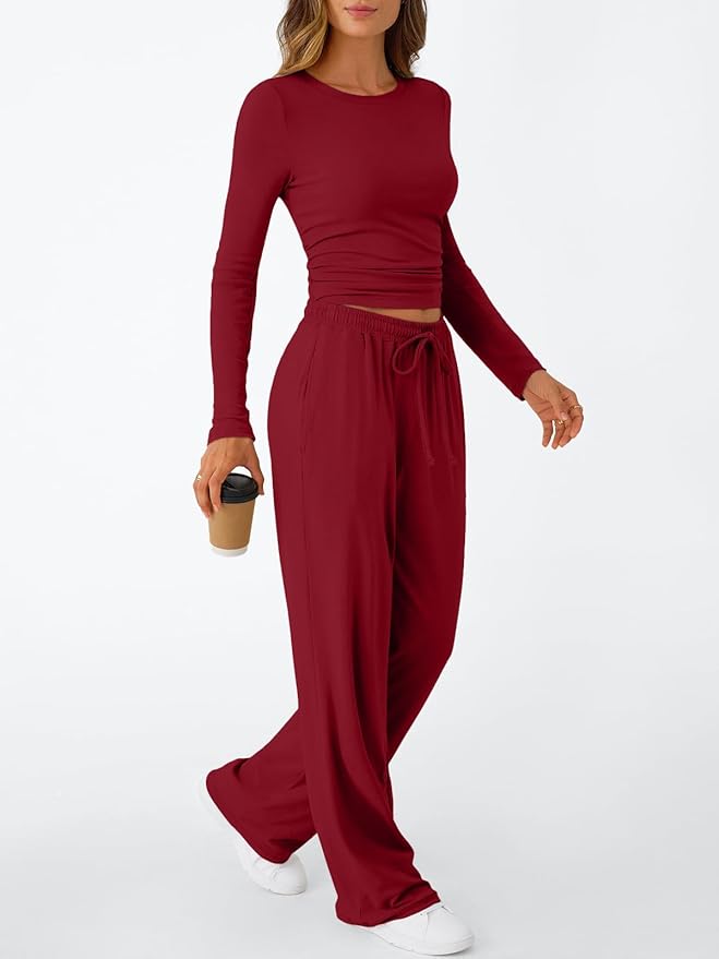 Trendy Queen Women's 2 Piece Matching Lounge Set Long Sleeve Side Ruching Top Wide Leg Drawstring Pants Set with Pockets