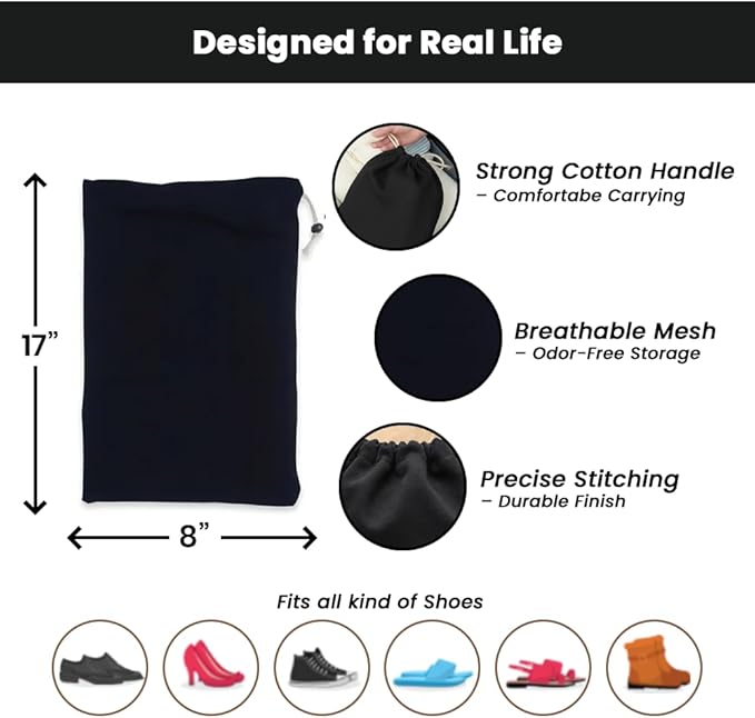 LFH Cotton Rich Shoe Storage Bags with Drawstring, Dustproof Breathable Reusable Organizer, Perfect For Travel, Dorm, Hotel, College, Gym, Machine Washable 8"x17" (Pack of 6) - Black sand