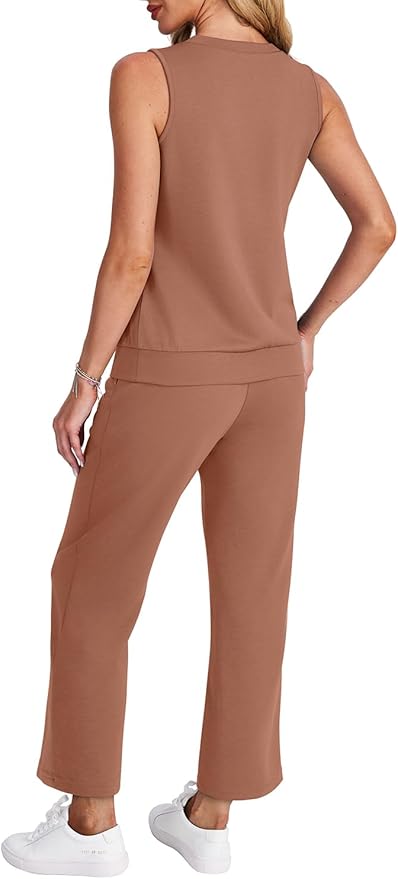 WIHOLL Two Piece Set for Women Summer Outfits Vacation Trendy Lounge Sets V Neck Matching Sets