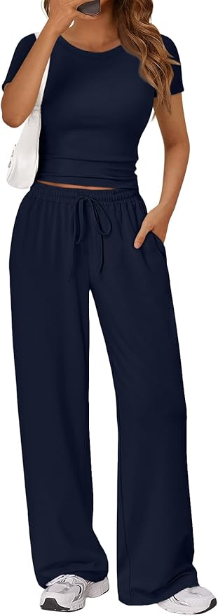Trendy Queen 2 Piece Matching Summer Lounge Set Womens Side Ruching Top Wide Leg Pants Sets with Pockets