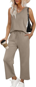 WIHOLL Two Piece Set for Women Summer Outfits Vacation Trendy Lounge Sets V Neck Matching Sets