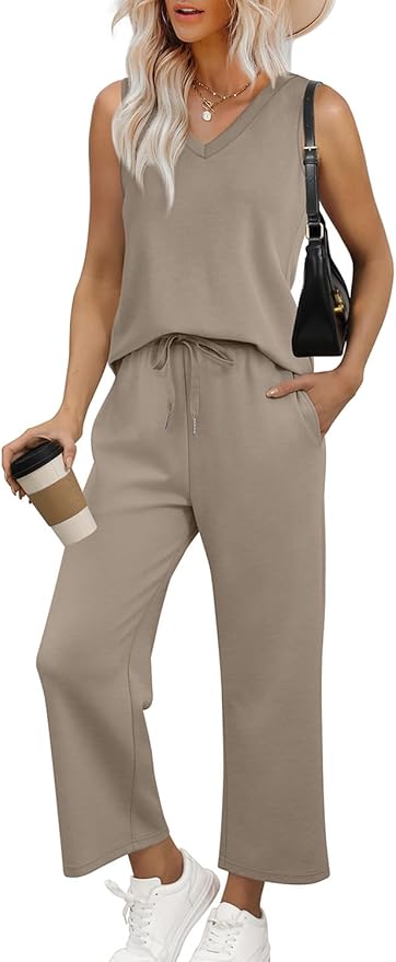 WIHOLL Two Piece Set for Women Summer Outfits Vacation Trendy Lounge Sets V Neck Matching Sets