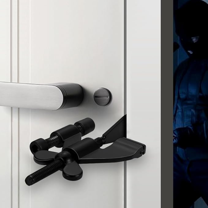 INIRET Black Adjustable Heavy Duty Portable Door Lock,Security Device for Enhanced Safety,for Home,Travel,Hotels,Apartments Prevents Unauthorized Entry,No Drill,Silicone Protector Caps Included