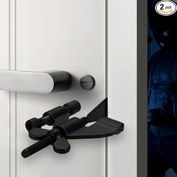 INIRET 2 Pack Black Adjustable Heavy Duty Portable Door Lock,Security Device for Enhanced Safety,for Home,Travel,Hotels,Apartments Prevents Unauthorized Entry,No Drill,Silicone Protector Caps Included