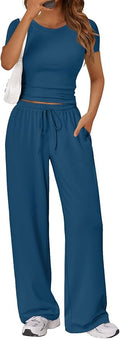 Trendy Queen 2 Piece Matching Summer Lounge Set Womens Side Ruching Top Wide Leg Pants Sets with Pockets