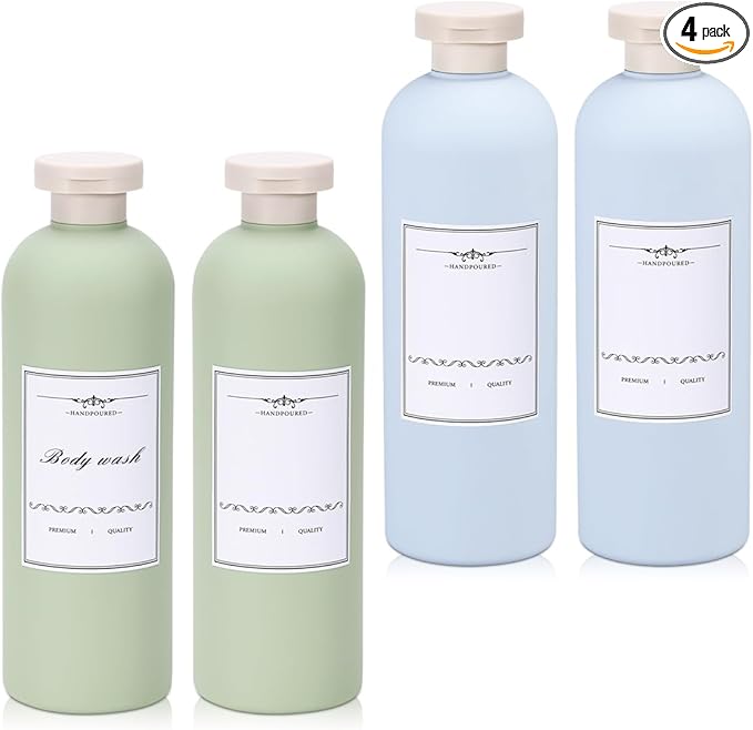 Travel Shampoo Bottle, Empty Plastic Squeeze Bottles 13.5oz with Flip Cap, Lotion Container for Toiletries Travel Size Shampoo and Conditioner (2 pack blue, 2 pack green)