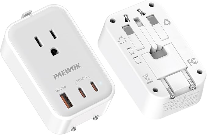 PAEWOK Travel Adapter PD 20W, Mini Universal Travel Adapter with 1 AC Outlet and USB Fast Charging, Ultra Thin International Plug Adaptor for US to European UK Italy Spain New Zealand (Type C G A I)