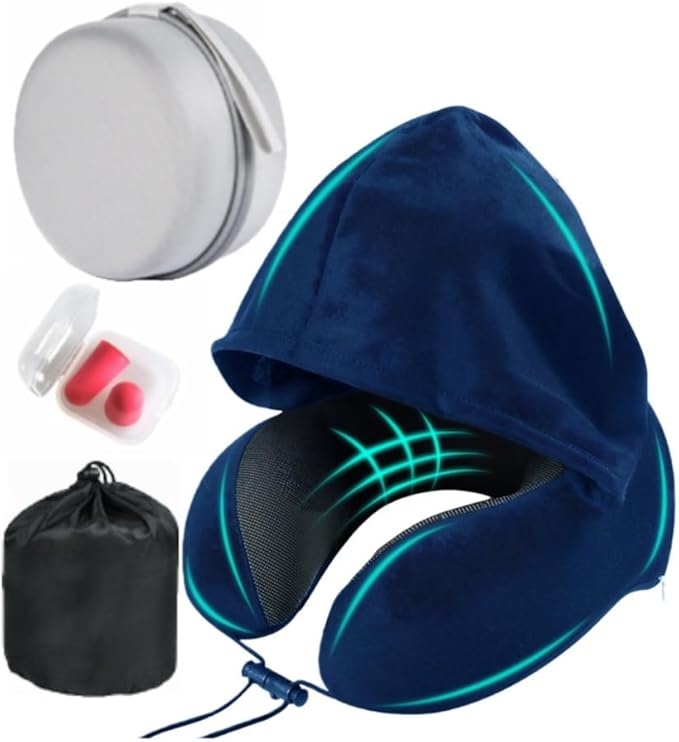 Travel Neck Pillow with Extra Large Hood Rollable Airplane Hooded Neck Pillow with Memory Foam Filling and Removable, Skin-Friendly Cover with a Carrying Pouch