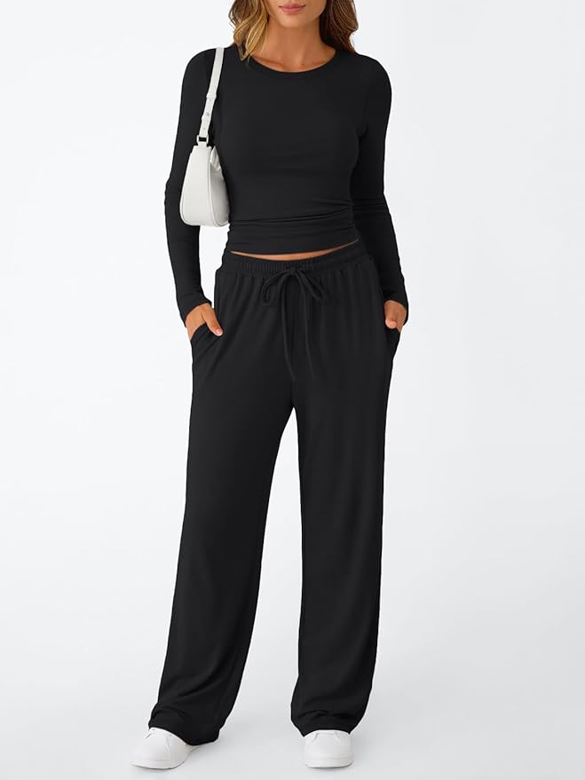 Trendy Queen Women's 2 Piece Matching Lounge Set Long Sleeve Side Ruching Top Wide Leg Drawstring Pants Set with Pockets