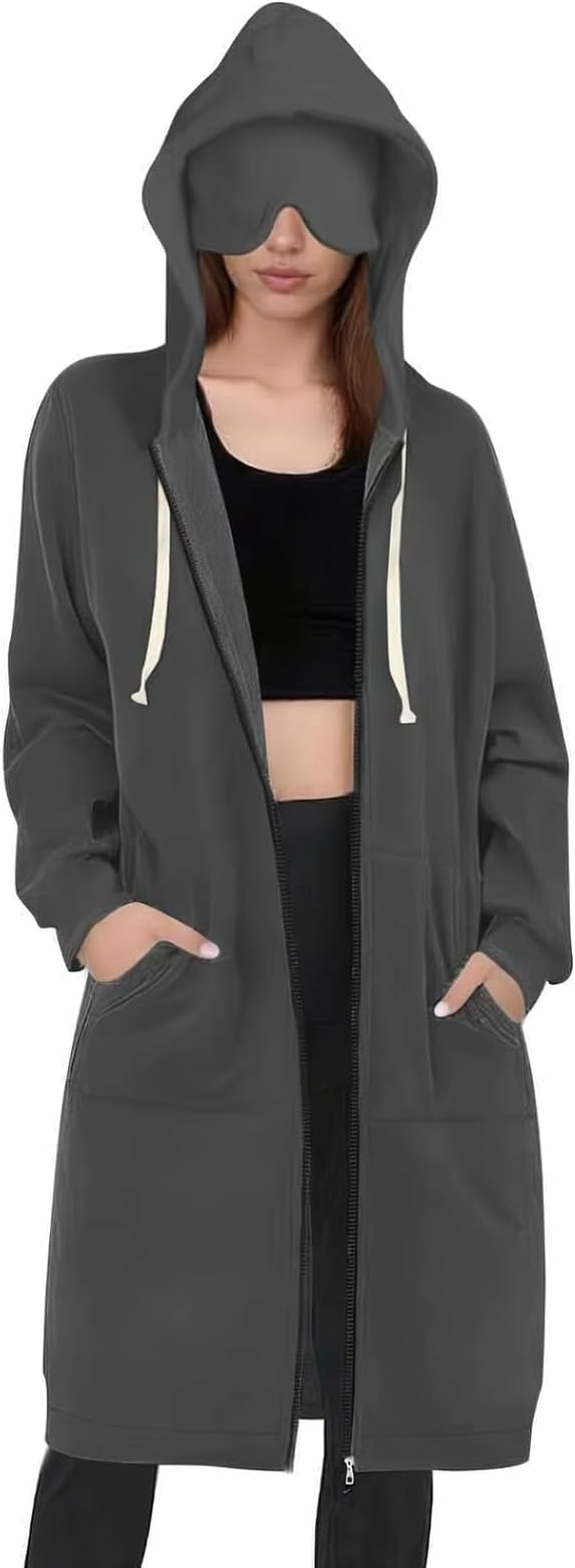 Travel Hoodie for Women Mens with Built In Eye Mask Hidden Pockets Airplane Travel Zip Up Outfits