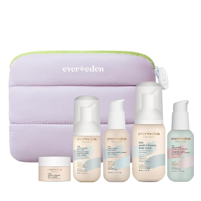 Evereden Kids Travel Essentials Set: Clean & Vegan 5-Piece Skin Care Set for Kids | Body Wash, Lotion, Face Wash, Cream, 2-in-1 Shampoo & Conditioner | TSA-approved | Travel Size Toiletries
