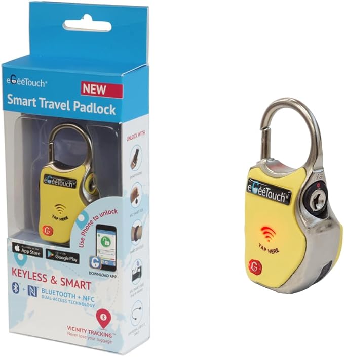 eGeeTouch Smart Travel Padlock with Patented Dual Access Technologies (NFC + BT), Vicinity Tracking, etc. (YELLOW)