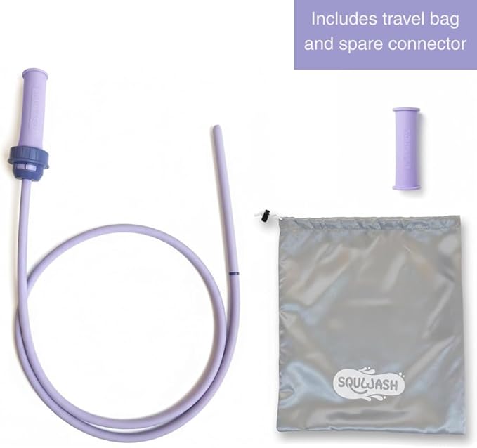 Squwash® Portable Shower Douche, Patented Slip-On Connector with Silicone Tip & Hose – Shower-Powered Hygiene Tool with Travel Bag