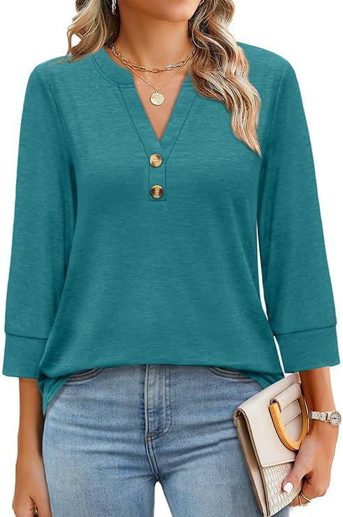 OFEEFAN Womens Tops 3/4 Sleeve Henley Shirts for Women Summer Outfits Fashion Clothing
