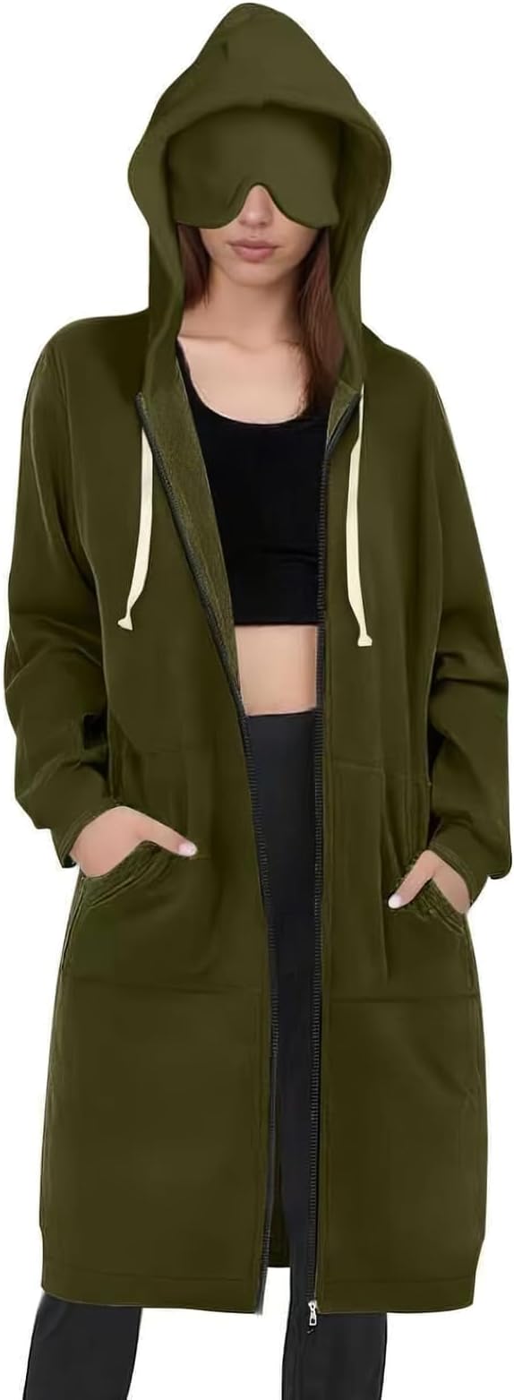Travel Hoodie for Women Mens with Built In Eye Mask Hidden Pockets Airplane Travel Zip Up Outfits
