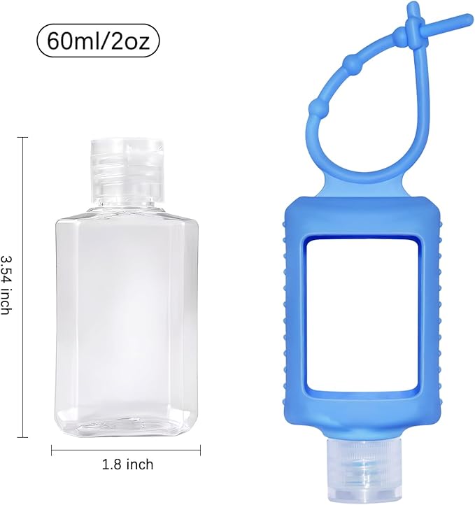 6Pcs Travel Size Empty Hand Sanitizer Holder with Silicone Keychain, 2 oz Leak Proof Refillable Plastic Bottles Portable Travel Containers with Detachable Silicone Case
