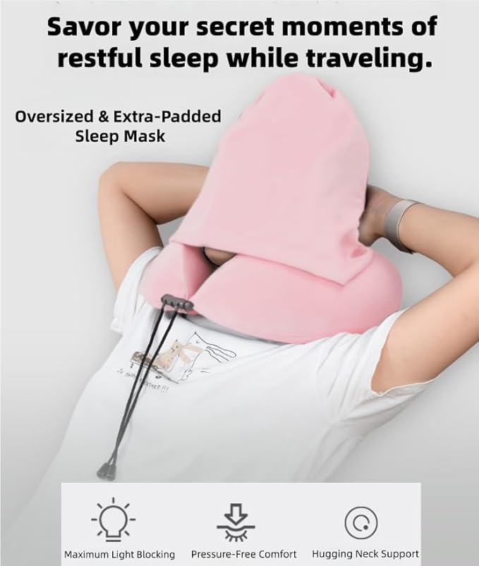 Travel Neck Pillow with Extra Large Hood Rollable Airplane Hooded Neck Pillow with Memory Foam Filling and Removable, Skin-Friendly Cover with a Carrying Case & Pouch (Velvet)