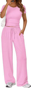 Trendy Queen 2 Piece Matching Summer Lounge Set Womens Side Ruching Top Wide Leg Pants Sets with Pockets
