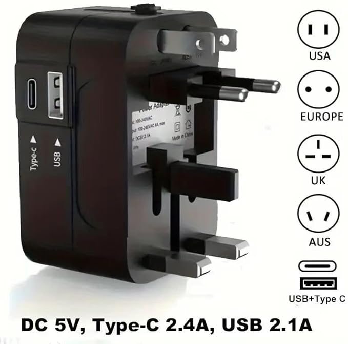 Travel Adapter, Universal Power Adapter Worldwide Wall AC Power Plug Converter Travel Charger with Type-C and USB-A Charging Ports for USA EU UK AUS Mobile Phones, Tablets, MP3s and Shavers