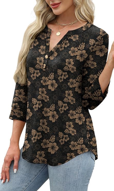OFEEFAN Womens Tops 3/4 Sleeve Henley Shirts for Women Summer Outfits Fashion Clothing