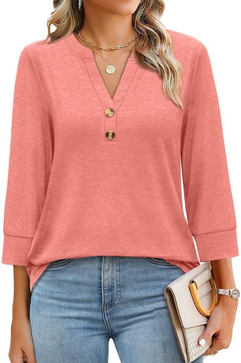 OFEEFAN Womens Tops 3/4 Sleeve Henley Shirts for Women Summer Outfits Fashion Clothing