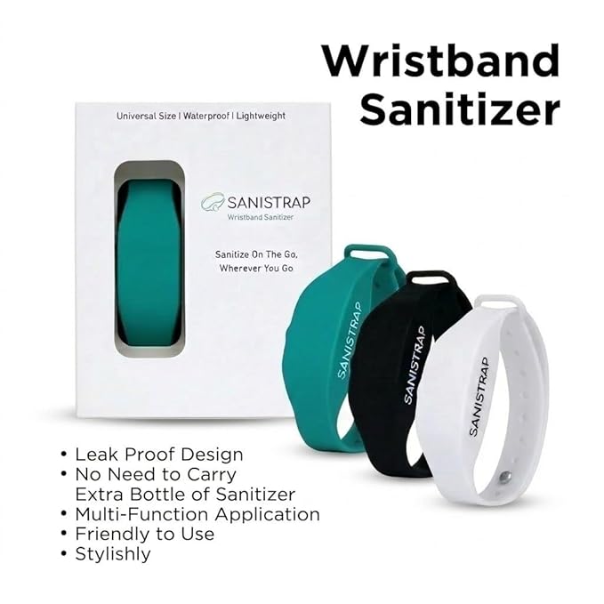 Compressa Sanistrap Silicone Hand Sanitizer Wristband, Refillable Travel Sanitizer Dispenser for Skincare and Hygiene, Lightweight, Leak Proof Wrist Band, Black