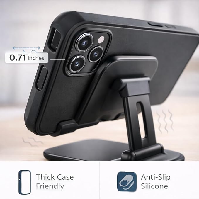 Mizi Portable Cell Phone Stand for Desk - Height & Angle Adjustable Mobile Foldable Holder, Compatible with iPhone 17 16 15 14 13 12 11 Pro Max, Galaxy S25 S24, All 4–10" Devices - Black
