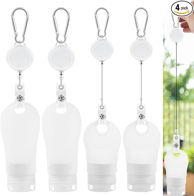 LUEXBOX 4 PACK Portable Travel Bottle Set, Leakproof Silicone Bottles with Stretchable Lanyard, Travel Sized Empty Liquid Bottles Container, Reusable, Squeezable and Refillable (White)