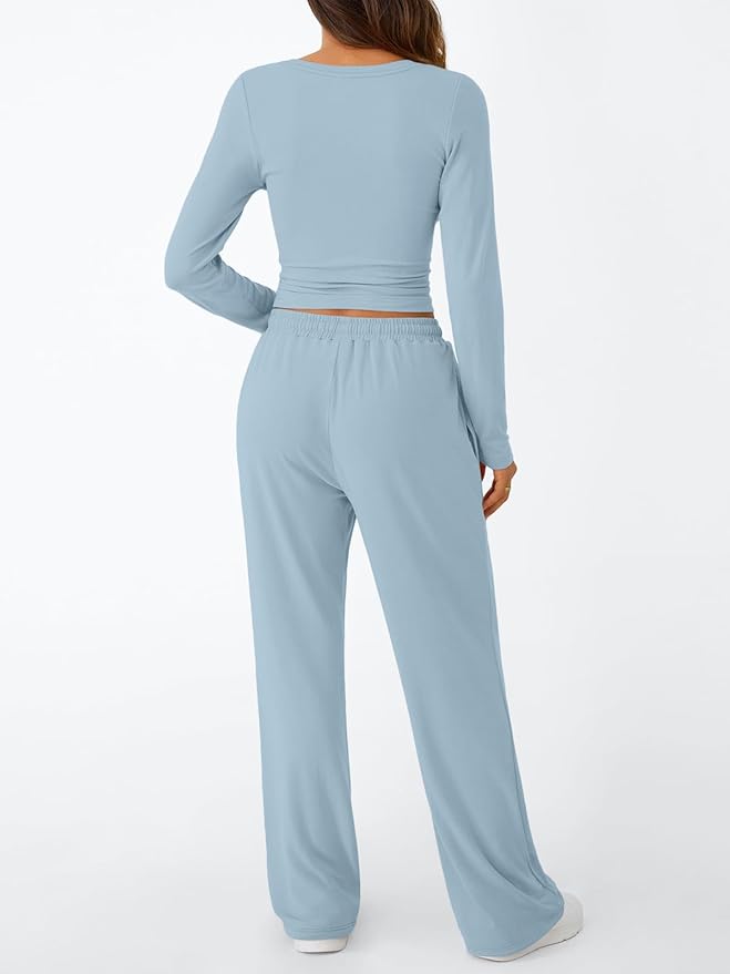 Trendy Queen Women's 2 Piece Matching Lounge Set Long Sleeve Side Ruching Top Wide Leg Drawstring Pants Set with Pockets