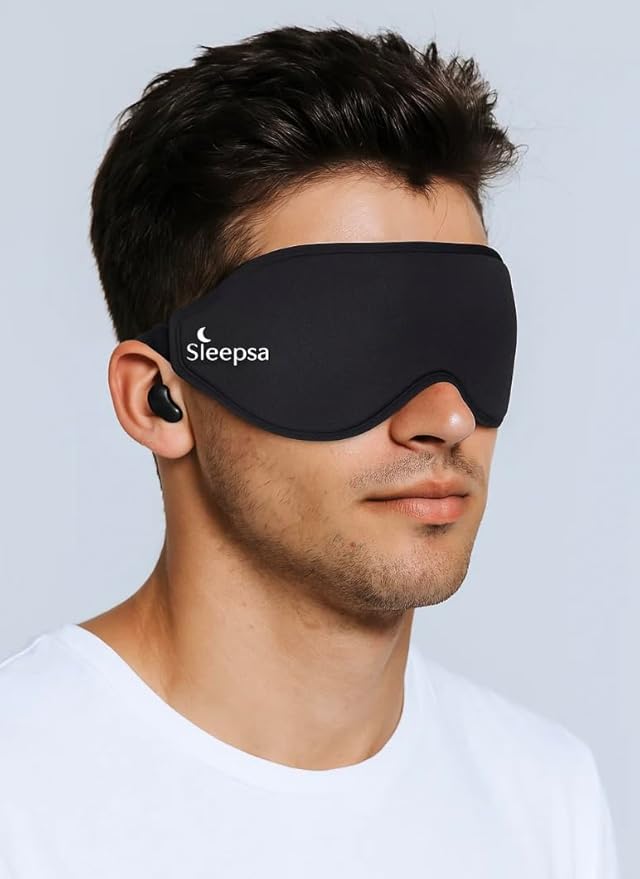 100% Blackout Luxury Sleep Mask for Men, Women, Side Sleepers Ultra-Soft 3D Contoured Eye Masks for Sleep, Travel, Meditation – Adjustable Comfort Fit with Free Ear Plugs – Black
