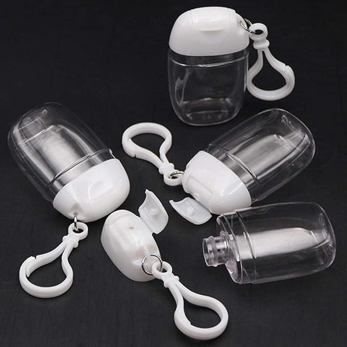 10 Pcs 1Oz 30ml Clear Empty Bottles Hand Sanitizer Travel Holder Hook Keychain Carriers White Flip Cap Reusable Portable Empty Bottle Refillable Cosmetic Container for Liquid Lotions Creams