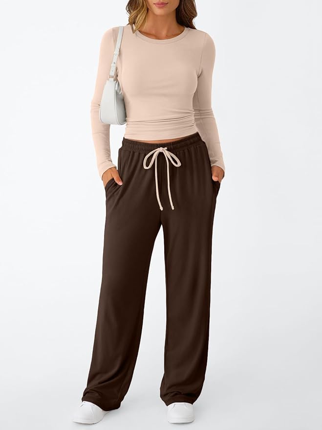 Trendy Queen Women's 2 Piece Matching Lounge Set Long Sleeve Side Ruching Top Wide Leg Drawstring Pants Set with Pockets