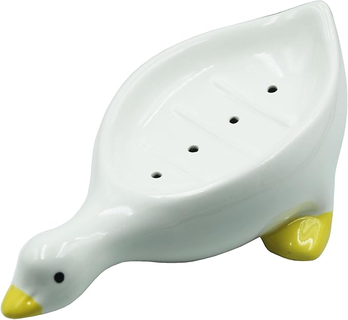 Duck Ceramic Soap Dish with Drain, 7.87 Inch Cute Duck Shaped Soap Tray, Sponge Holder, for Shower,Bathroom,Bar,Kitchen