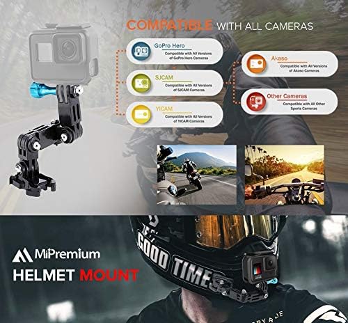 MiPremium Motorcycle Helmet Chin Mount Kits for GoPro Hero 13 12 11 10 9 8 7 6 5 4 3 Black Silver Session, AKASO/Campark & Other Action Camera Swivel Aluminium Screw Flat Curved Adhesive Pads & J Hook