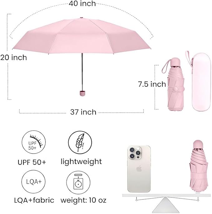 MRTLLOA Travel Essentials Mini Umbrella with Case for Purse - Small Compact & Lightweight, UV Sun Protection, Manual Open/Close for Pocket Umbrella(Women/Men/Kids)